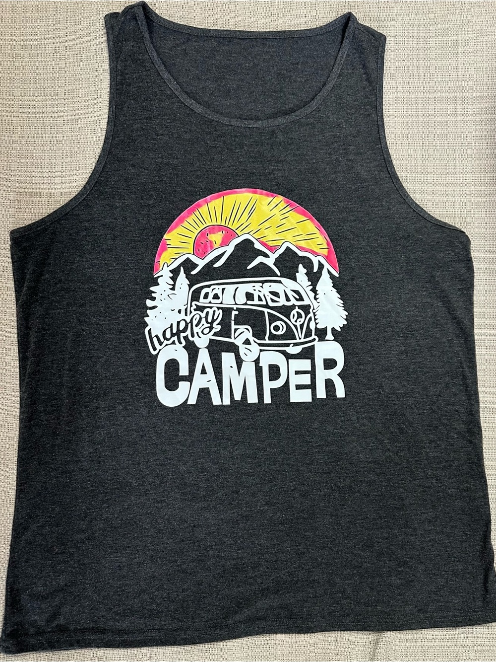 Happy Camper Graphic Tank - Dark Gray with Yellow & Pink Sunset